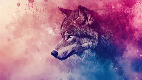 Wolf profile illustration with pink and blue abstract background.