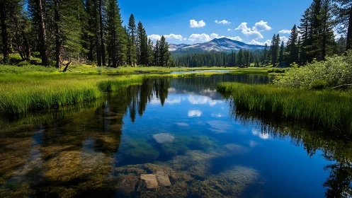 Alpine meadow lake with conifer forest and distant granite peaks