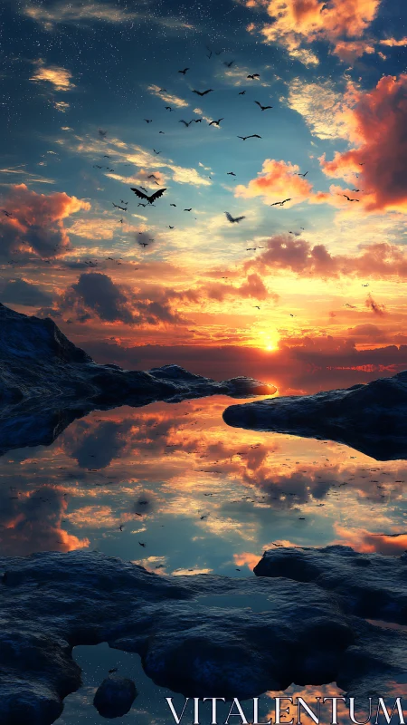Sunset sky with flying birds mirrored in rocky water pools