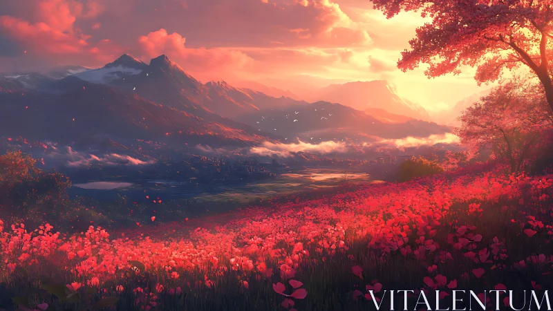 Crimson valley glows under radiant sunset mountain sky.