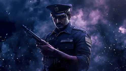 Steel-gazed police officer amid violet battle smoke.