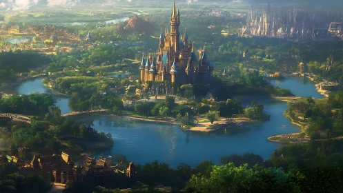 Majestic fantasy castle rises above emerald lakes and forests.