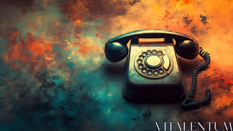 Vintage rotary phone over fiery teal abstract backdrop.