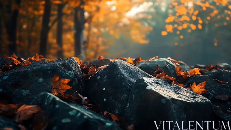 Stone-backed autumn quietly cradles its fiery fallen leaves