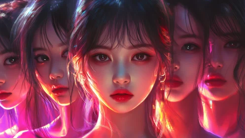 Multiple stylized female faces appear in layered neon lighting