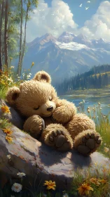 Digital painting of sleeping bear cub in alpine meadow light.