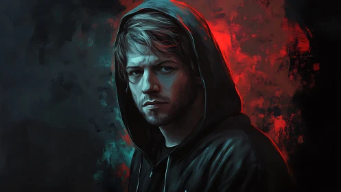 Hooded male portrait uses dual color lighting and painted texture