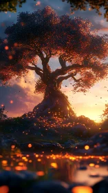 Enchanted firefly tree glows warmly above a twilight pond