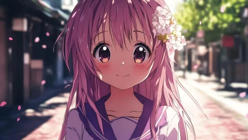 Anime street portrait with cherry blossom accents in soft focus.