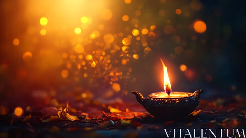 Ornamental Oil Lamp With Vibrant Golden Bokeh Illumination.