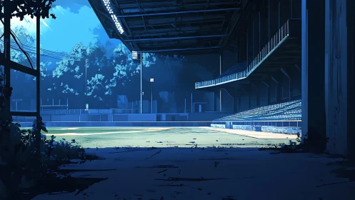 Empty night stadium under cool blue floodlights.