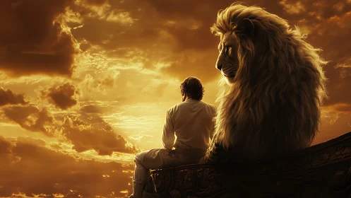 Man and lion sit side by side against dramatic sunset sky