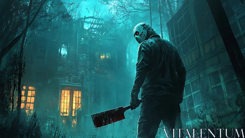 Masked killer stalks eerie cabin in neon‑lit night forest.