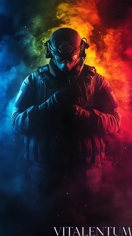 Tactical soldier silhouette divides neon fire and ice haze.
