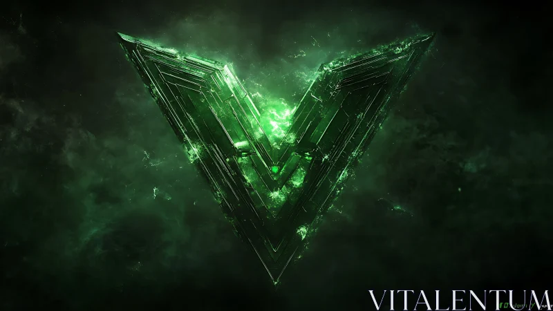 Angular neon V emblem rotates in deep emerald cosmic haze