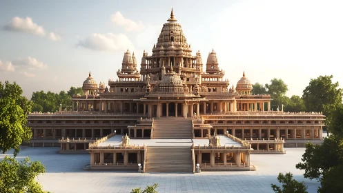 Multi-tiered stone temple complex occupies symmetrical courtyard