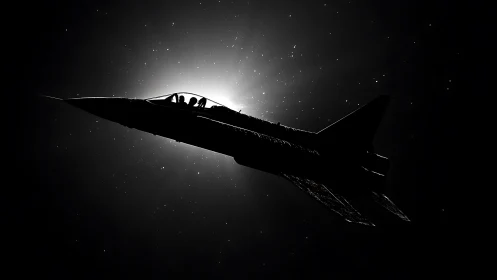 Silhouetted fighter jet crossing bright stellar halo in space.