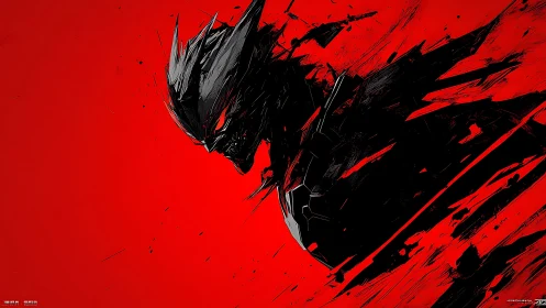 Shadowed cyber demon erupts through blazing red void