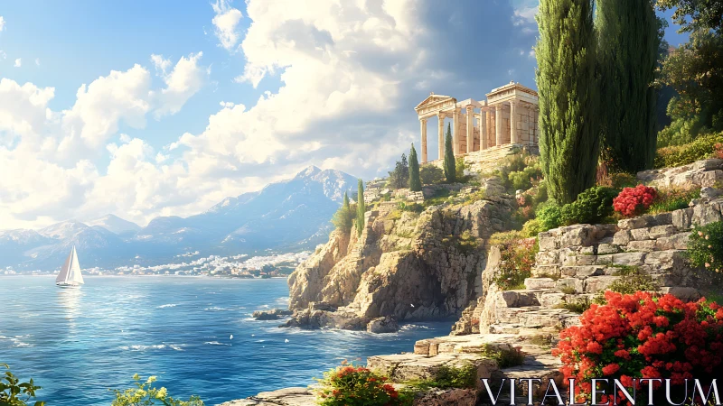 Sunlit cliffside temple above a tranquil sapphire sea.
