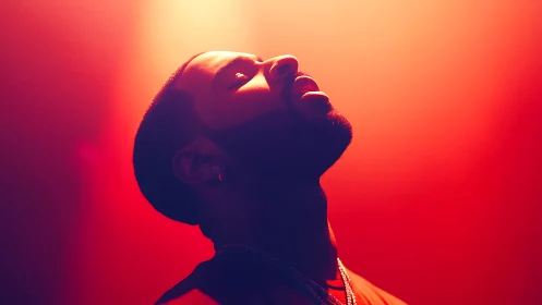 Side profile portrait under strong red orange lighting.