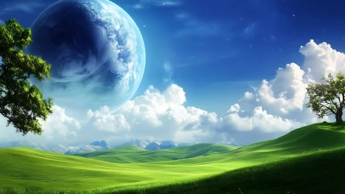 Peaceful green hills under a gentle blue alien sky.