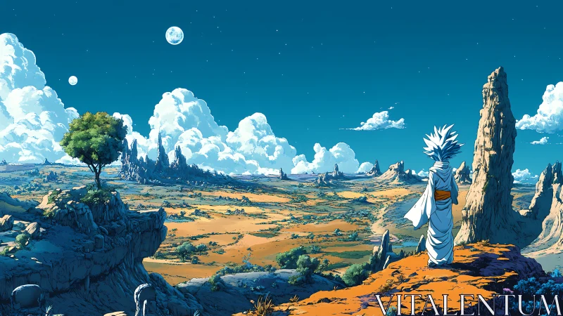 Solitary robed figure surveys vast twin-moon desert valley