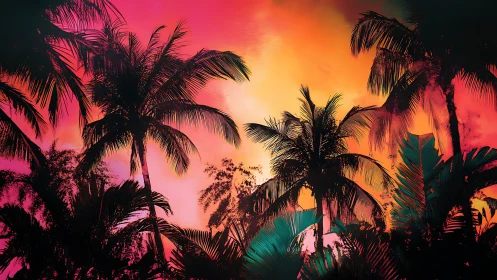 Neon gradient sunset silhouettes tropical palm canopy
