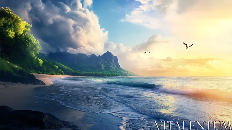 Tropical Coastline at Sunrise with Dramatic Sky and Mountain.