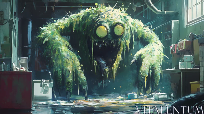 Moss-coated sludge creature occupying cluttered workshop.