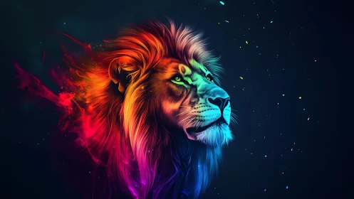Neon lion portrait with blazing multicolor cosmic mane.
