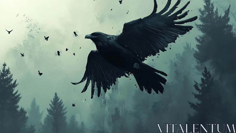 Dark raven in flight over misty conifer forest scene.