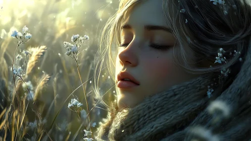 Digital portrait shows closed-eyed figure amid frosted plants