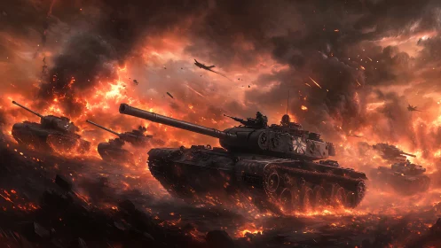 Combat tanks engaged in battlefield inferno scenario
