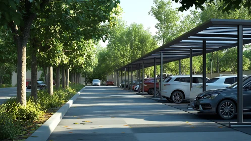 Modern Parking Structure with Pergola Canopy and Tree-Lined Design.
