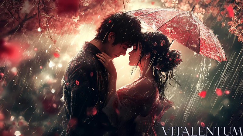 Couple Sheltering Under Red Umbrella in Heavy Rain.