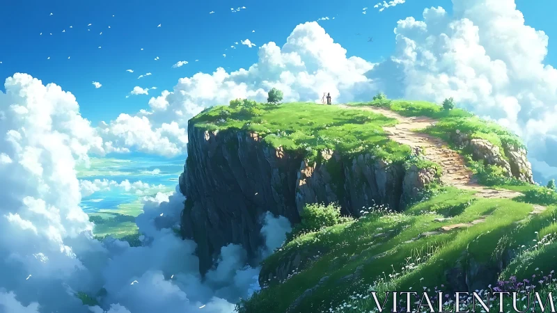 Grassy cliff plateau rises above dense clouds under blue sky