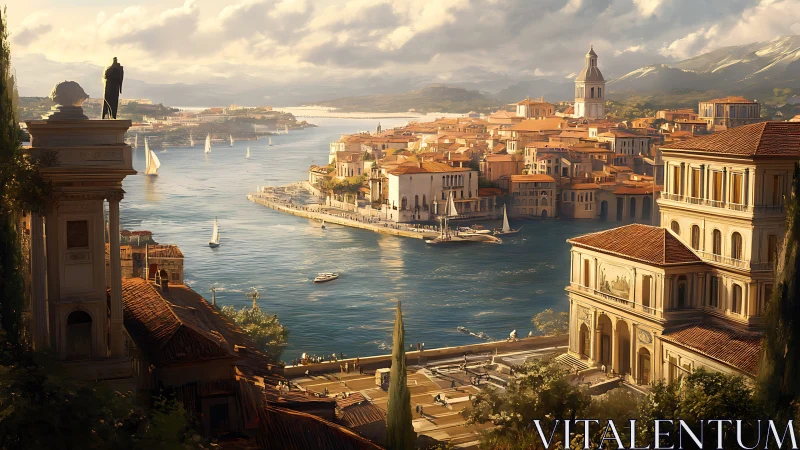 Sunlit neoclassical harbor city rendered in warm cinematic light
