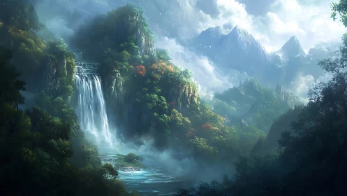 Misty emerald valley with cascading waterfall at dawn.