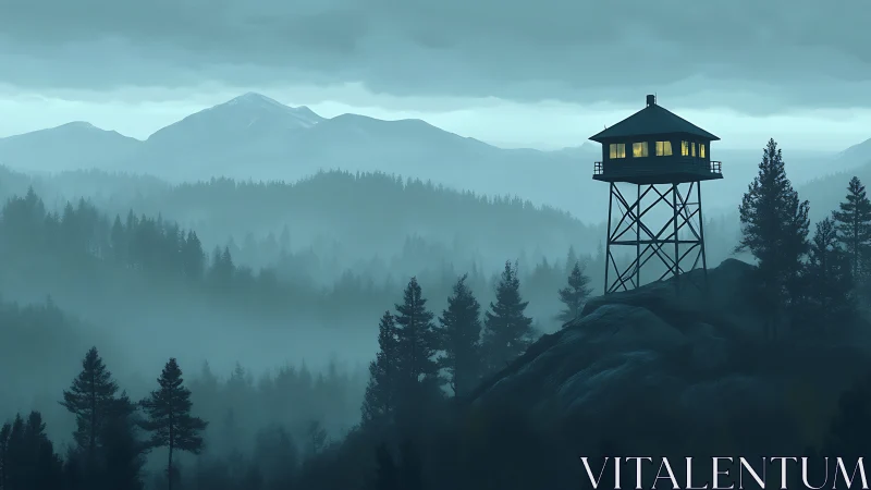Lone forest watchtower glowing above misty pine valley.
