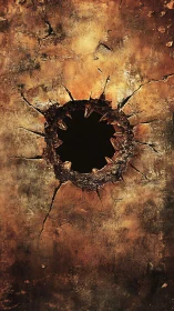 Rusted wall surface torn open by jagged central impact hole