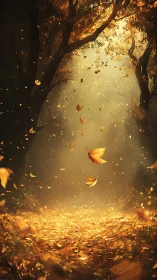 Fallen autumn leaves swirl through sunlit forest clearing