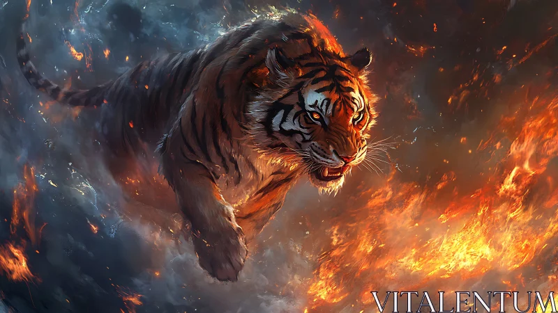 Firelit tiger charge through swirling smoke and embers.