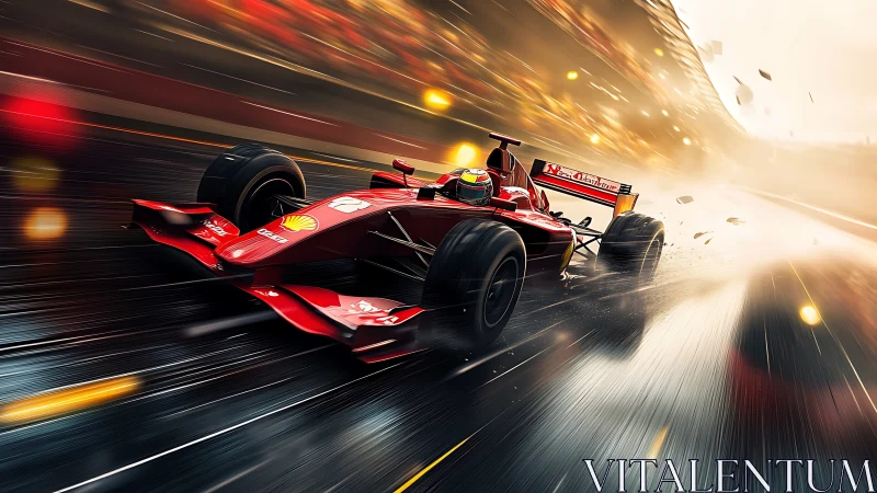 Red formula race car moves along wet track in motion blur