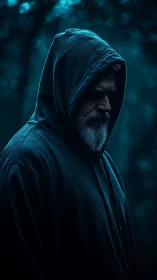 Hooded bearded man stands in teal low key cinematic lighting