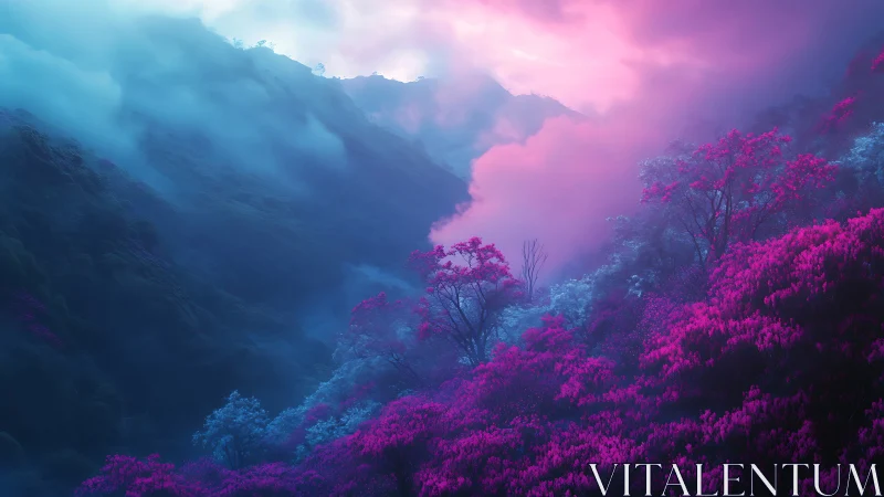 Misty Mountain Valley with Vibrant Magenta Flowering Trees