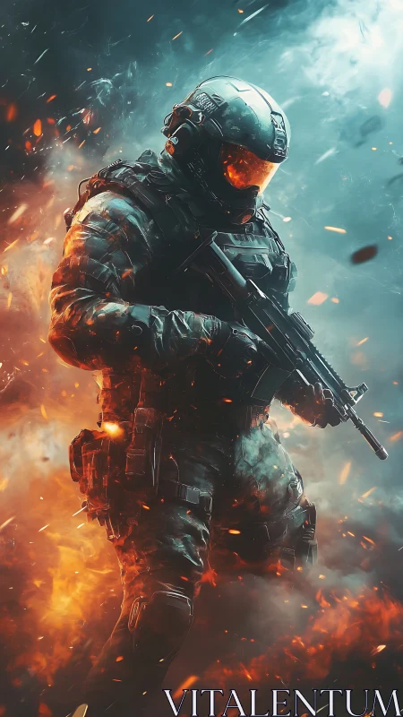 Armored futuristic soldier stands in flames and smoke