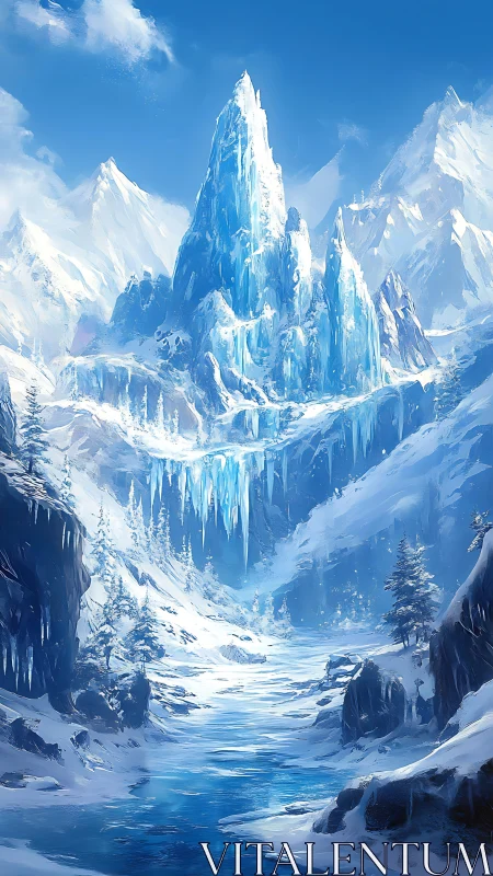 Towering ice spire dominates frozen alpine valley landscape