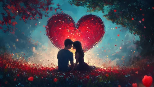 Luminous Heart: Digital Romance in Ethereal Landscape.