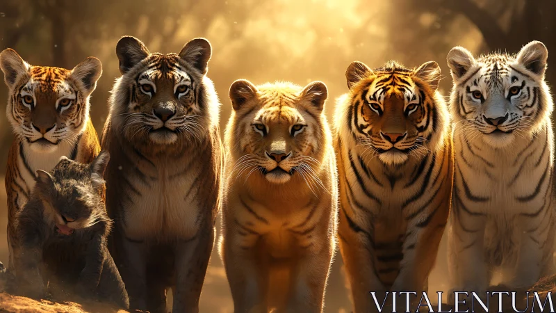 Five Big Cats Walk Through Golden Dust Storm