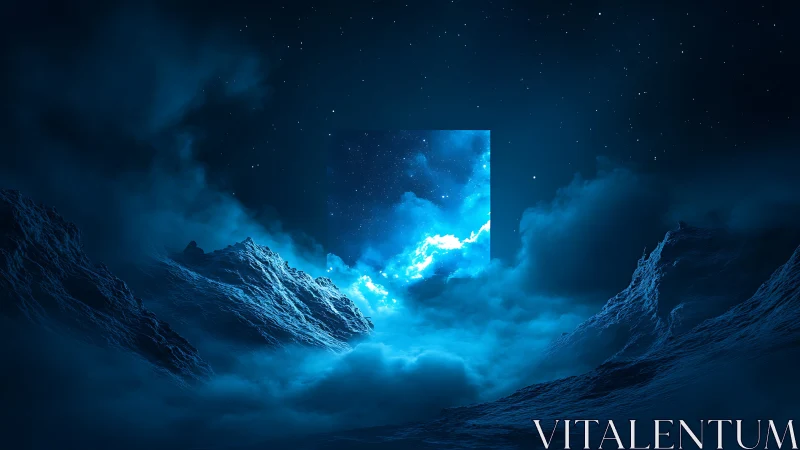 Celestial portal glows above misty blue mountain valley.